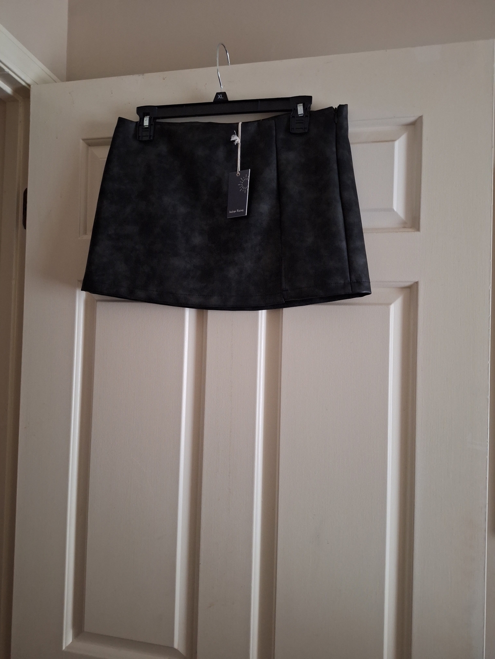 Faux-Leather Black Mini Skirt with Subtle Washed Texture